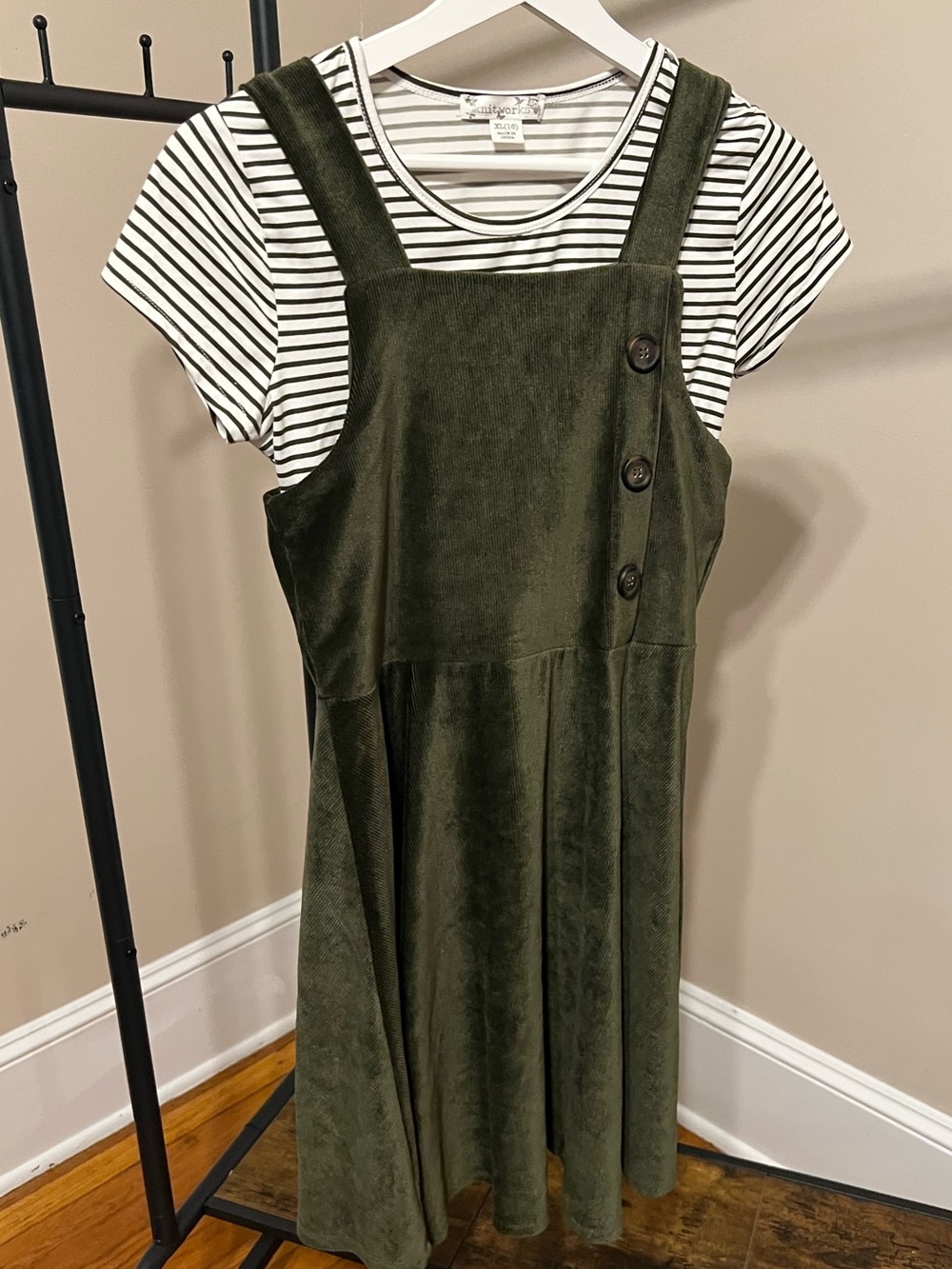 Knitworks Olive Green Pinafore Dress with Black-and-White Striped Tee